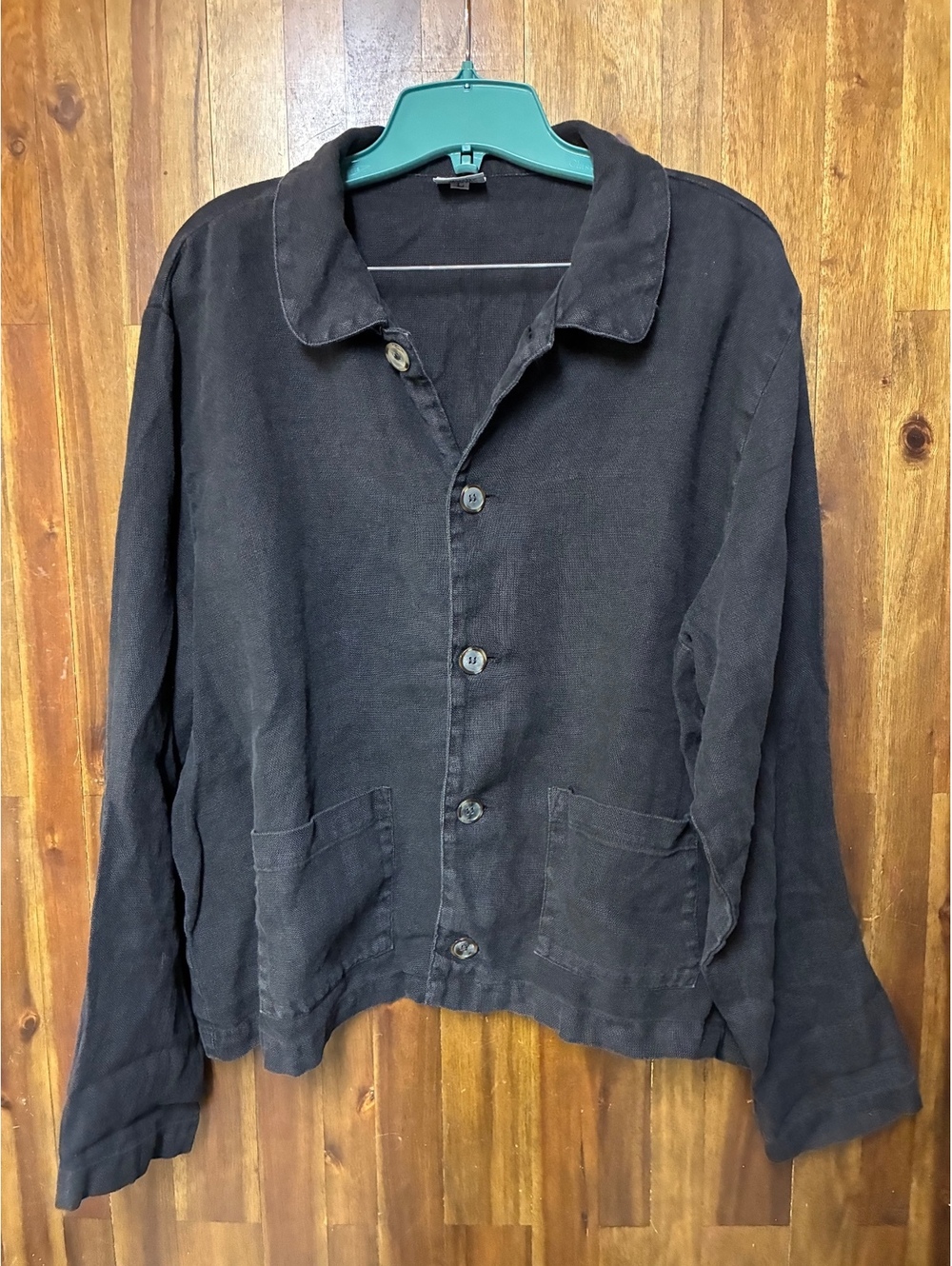 CP Shades Black Linen Peter Pan Collar Button Front Jacket Shirt Size L